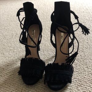 Fringe black strappy heels